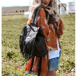 Vtg Black Leather Biker Boho Fringe Western Bucket Backpack with Silver Concho